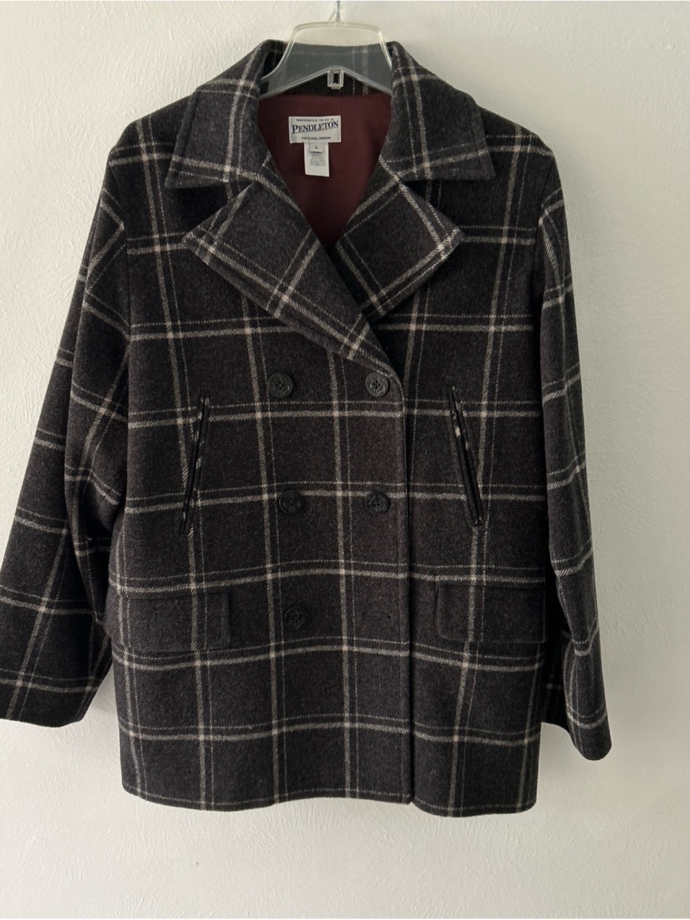EUC Pendleton Gray/Ivory Plaid Double Breast Pea Coat 100% Wool Vintage, Women L